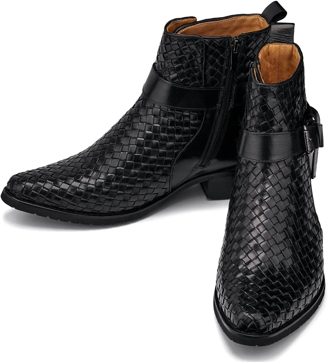 CALTO Men's Invisible Height Increasing Elevator Shoes - Black Premium Leather Woven Ankle Buckle Zipper Boots - 3.3 Inches Taller - K30523 - Size 9 D(M) US