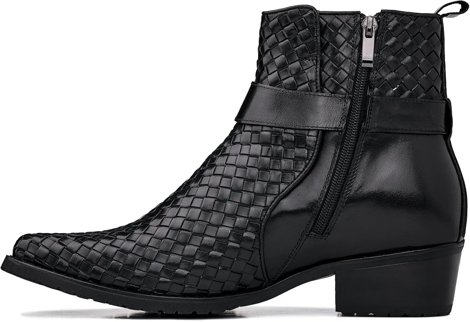 CALTO Men's Invisible Height Increasing Elevator Shoes - Black Premium Leather Woven Ankle Buckle Zipper Boots - 3.3 Inches Taller - K30523 - Size 9 D(M) US