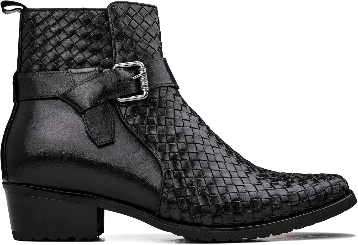 CALTO Men's Invisible Height Increasing Elevator Shoes - Black Premium Leather Woven Ankle Buckle Zipper Boots - 3.3 Inches Taller - K30523 - Size 9 D(M) US