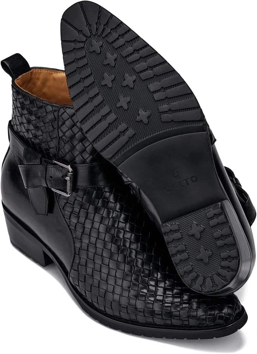 CALTO Men's Invisible Height Increasing Elevator Shoes - Black Premium Leather Woven Ankle Buckle Zipper Boots - 3.3 Inches Taller - K30523 - Size 9 D(M) US