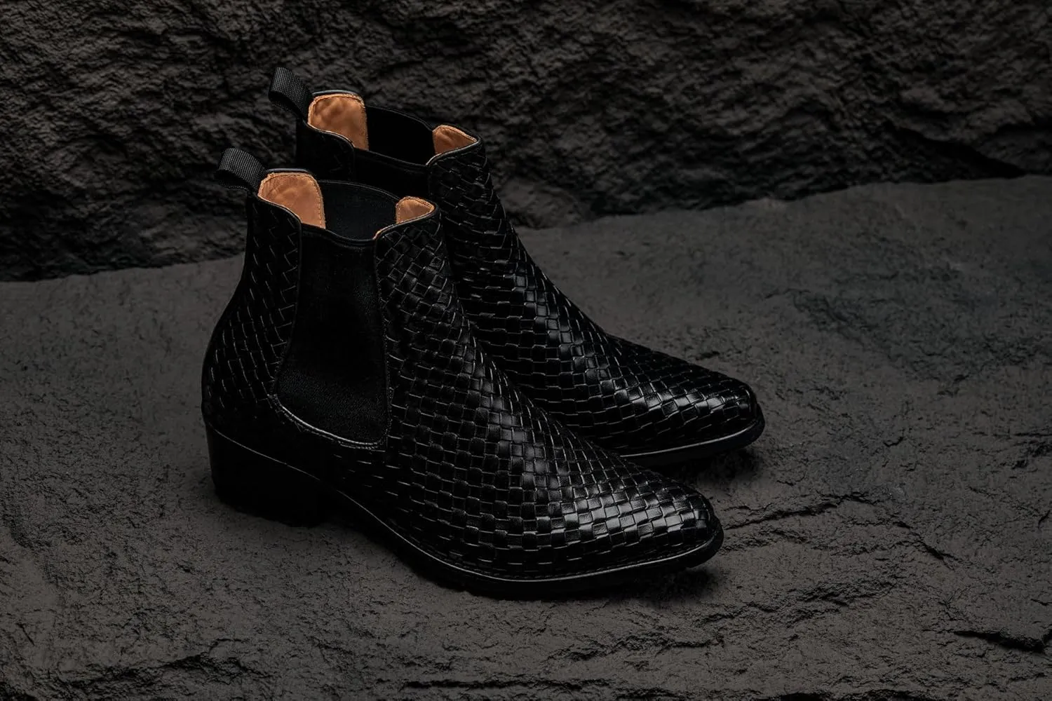 CALTO Men's Invisible Height Increasing Elevator Shoes - Black Premium Leather Woven Slip-on Chelsea Ankle Boots - 3.3 Inches Taller - K30521 - Size 7.5 D(M) US