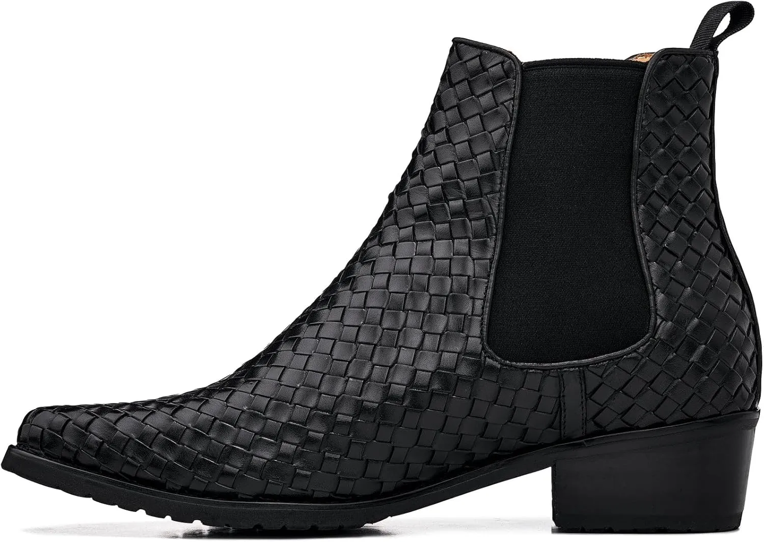 CALTO Men's Invisible Height Increasing Elevator Shoes - Black Premium Leather Woven Slip-on Chelsea Ankle Boots - 3.3 Inches Taller - K30521 - Size 7.5 D(M) US