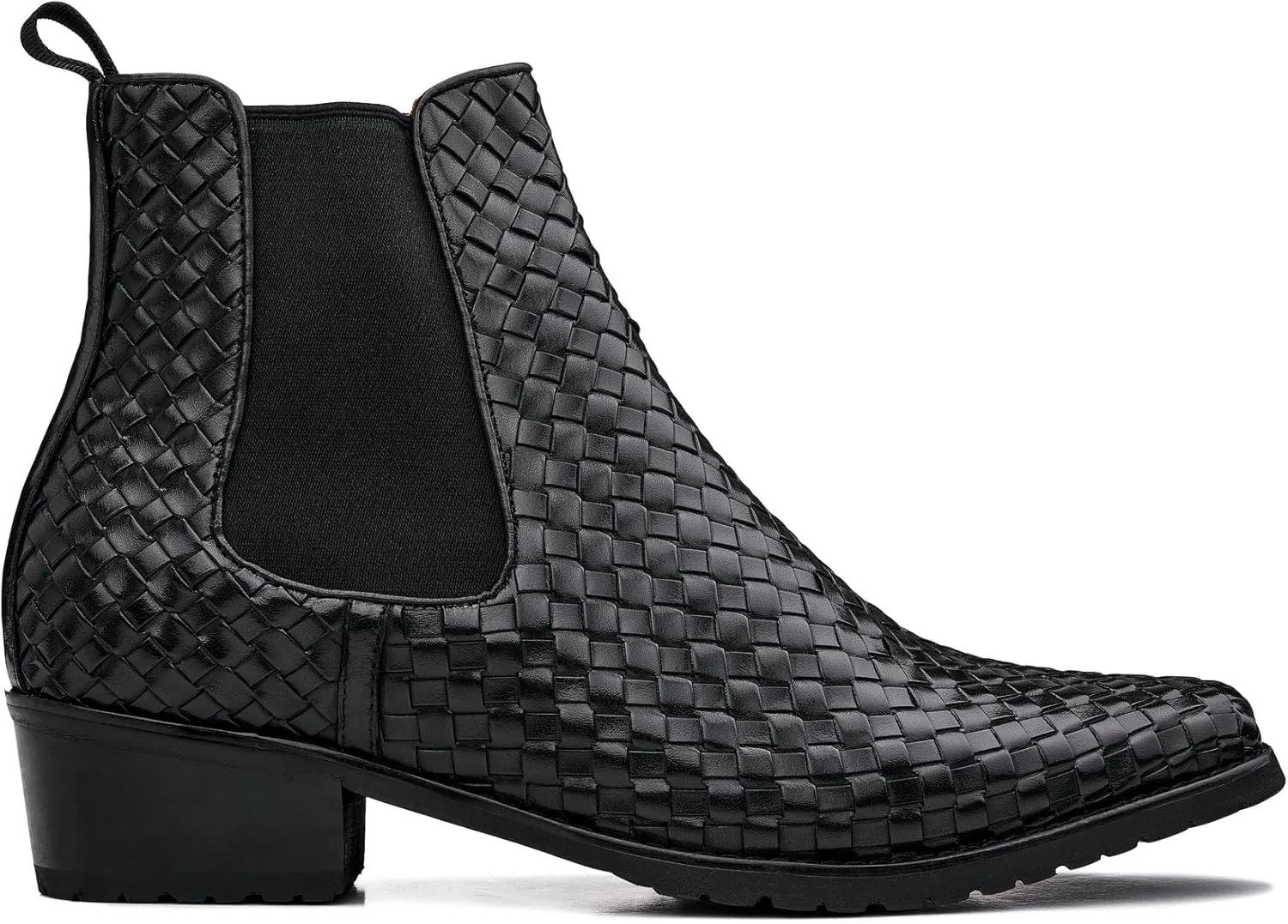 CALTO Men's Invisible Height Increasing Elevator Shoes - Black Premium Leather Woven Slip-on Chelsea Ankle Boots - 3.3 Inches Taller - K30521 - Size 7.5 D(M) US