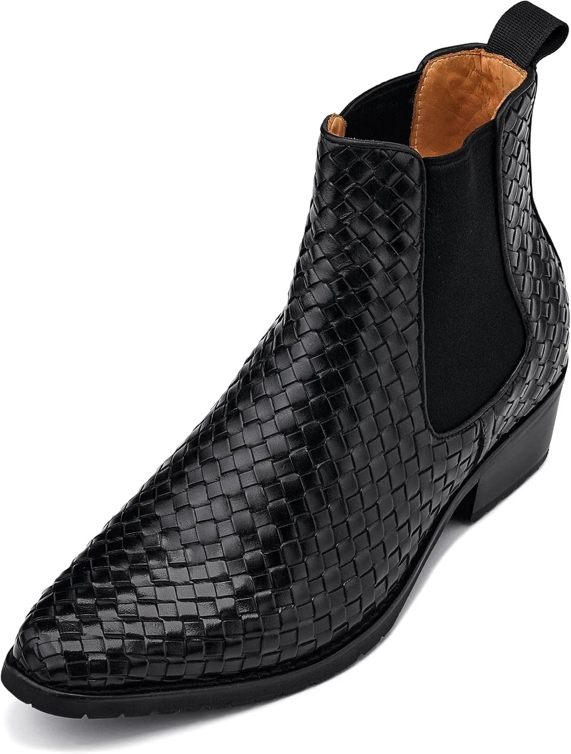 CALTO Men's Invisible Height Increasing Elevator Shoes - Black Premium Leather Woven Slip-on Chelsea Ankle Boots - 3.3 Inches Taller - K30521 - Size 7.5 D(M) US