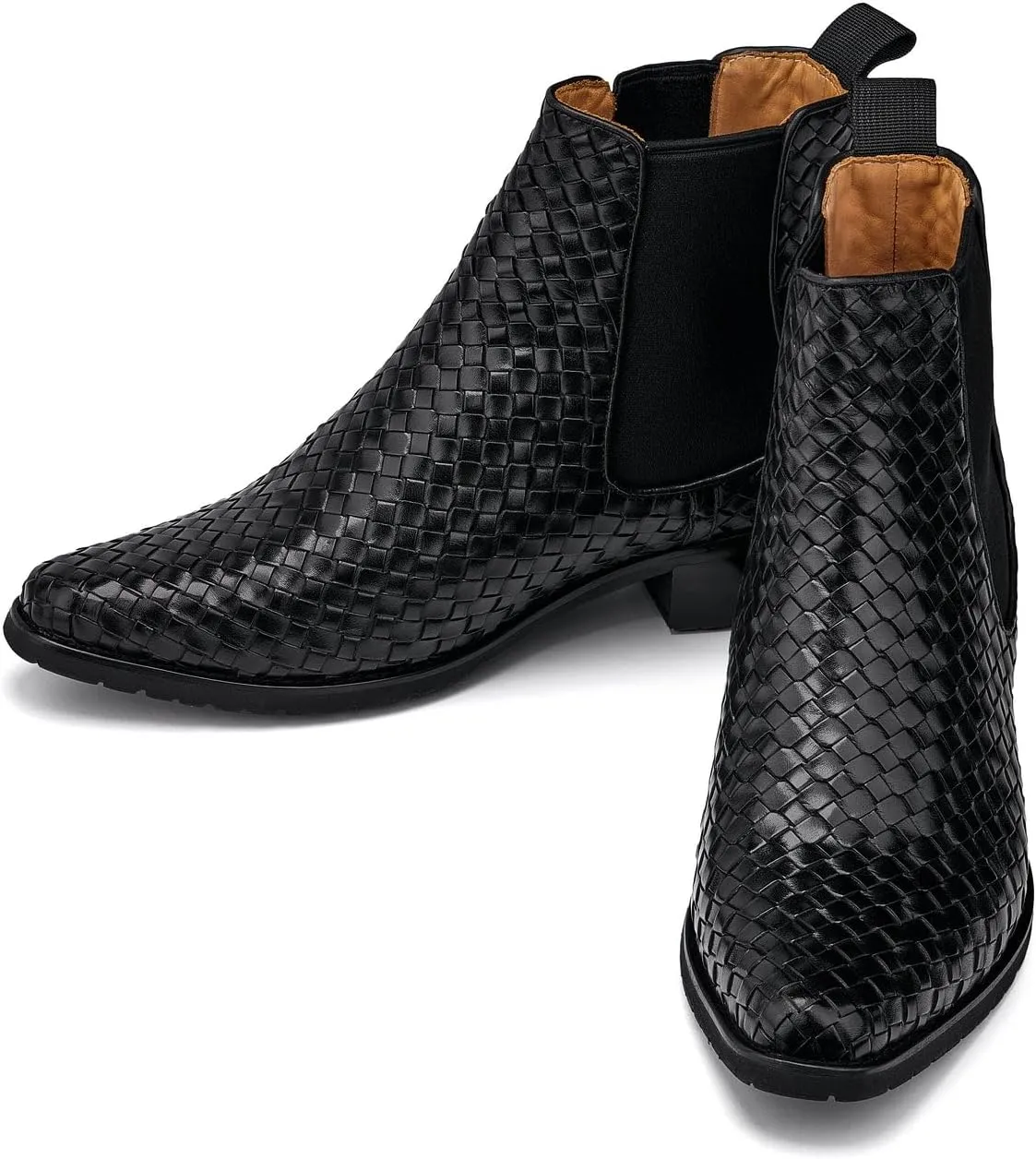 CALTO Men's Invisible Height Increasing Elevator Shoes - Black Premium Leather Woven Slip-on Chelsea Ankle Boots - 3.3 Inches Taller - K30521 - Size 7.5 D(M) US