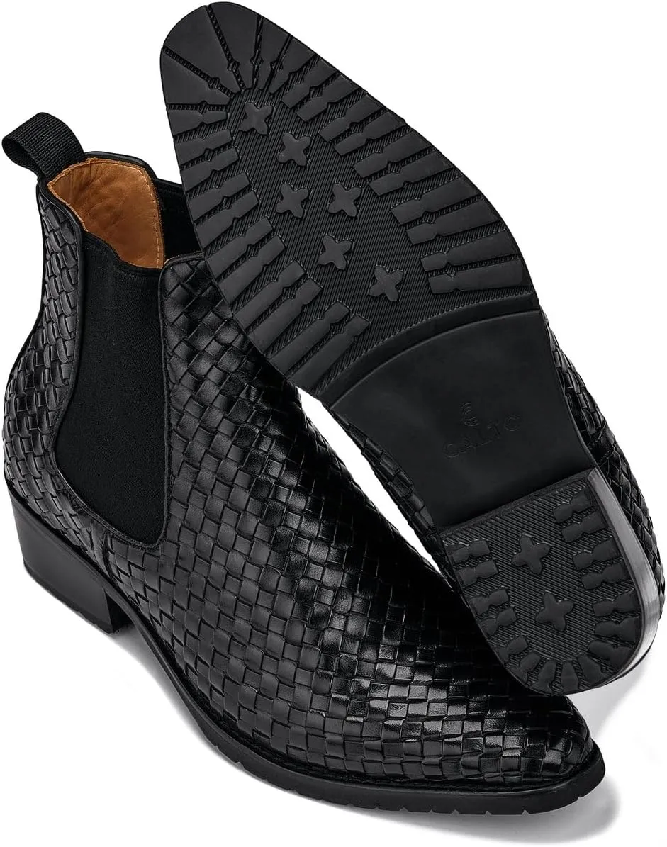 CALTO Men's Invisible Height Increasing Elevator Shoes - Black Premium Leather Woven Slip-on Chelsea Ankle Boots - 3.3 Inches Taller - K30521 - Size 7.5 D(M) US