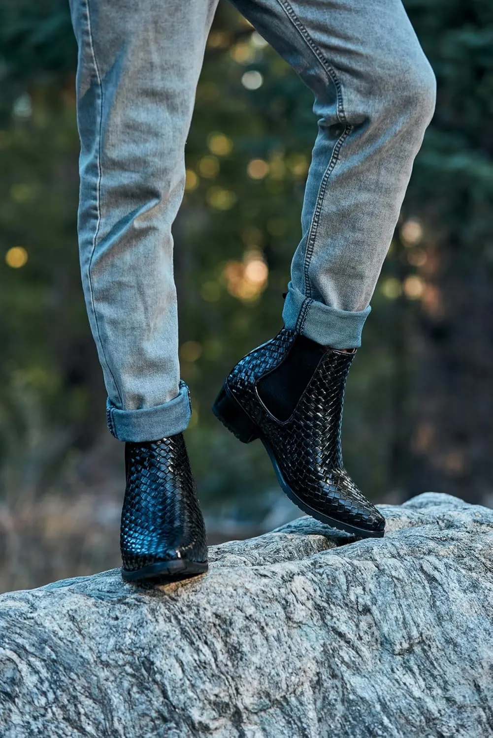 CALTO Men's Invisible Height Increasing Elevator Shoes - Black Premium Leather Woven Slip-on Chelsea Ankle Boots - 3.3 Inches Taller - K30521 - Size 7.5 D(M) US