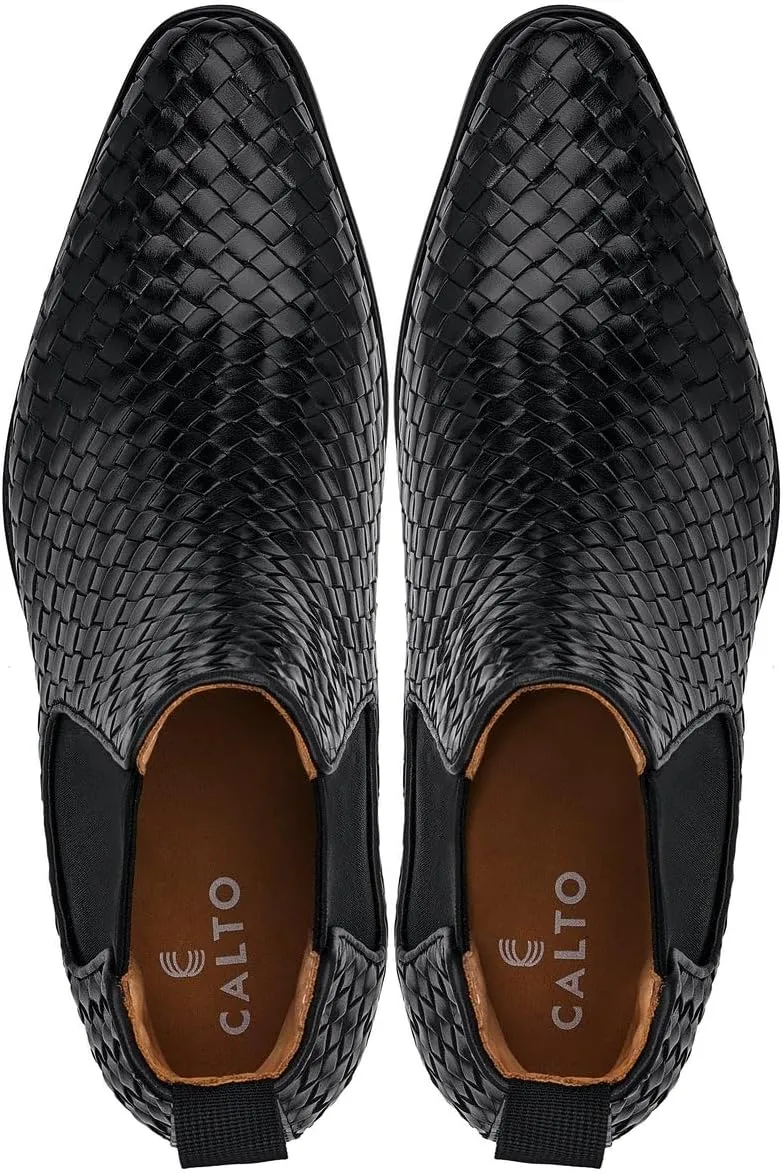 CALTO Men's Invisible Height Increasing Elevator Shoes - Black Premium Leather Woven Slip-on Chelsea Ankle Boots - 3.3 Inches Taller - K30521 - Size 7.5 D(M) US