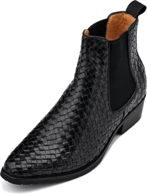 CALTO Men's Invisible Height Increasing Elevator Shoes - Black Premium Leather Woven Slip-on Chelsea Ankle Boots - 3.3 Inches Taller - K30521 - Size 7.5 D(M) US