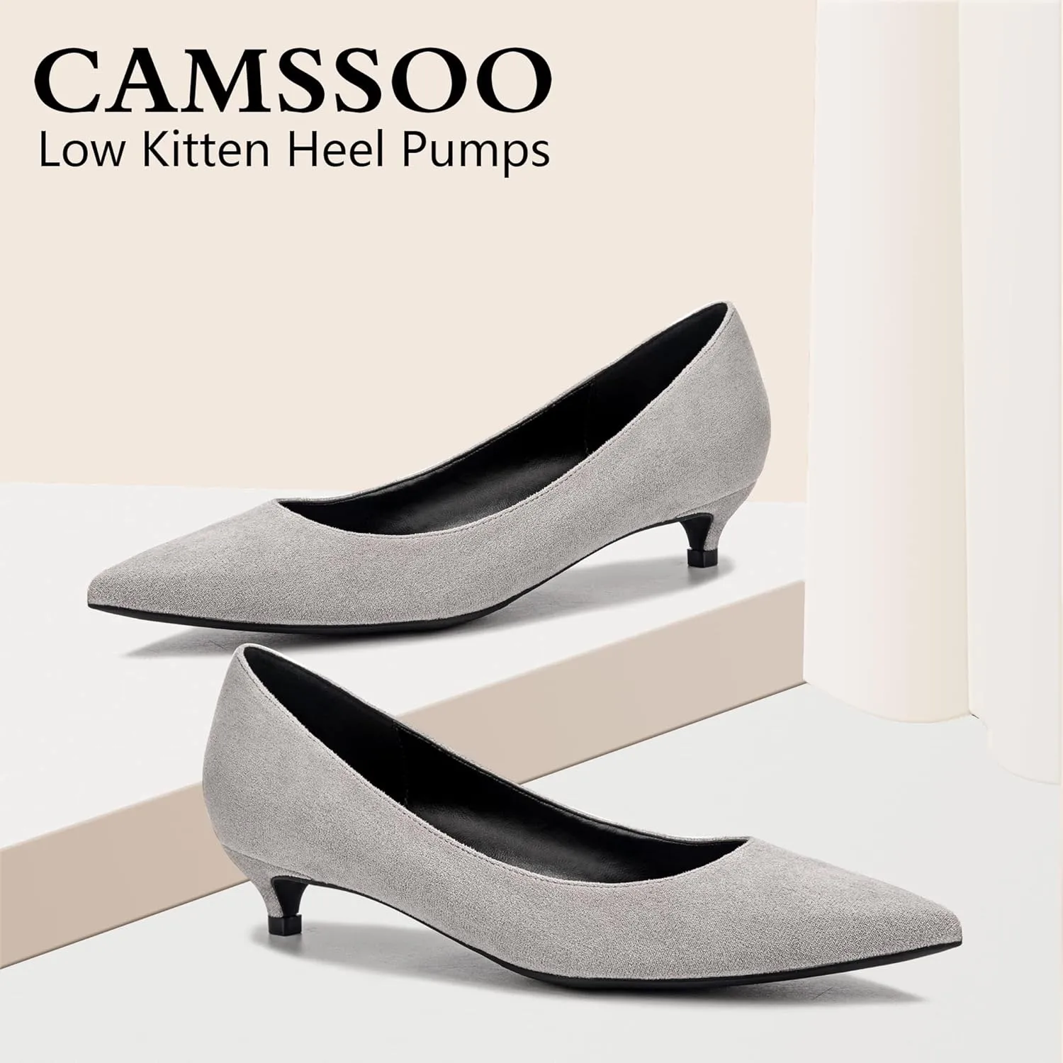 CAMSSOO Women's Low Kitten Heel Pumps - Comfort Pointed Toe Wedding Evening Party Dress Shoes