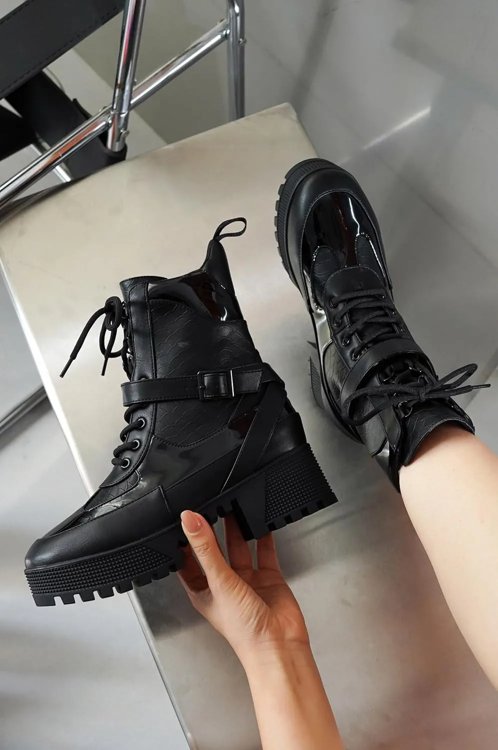 Cape Robbin Women's Hot Rod Chunky Combat Boots - Lace-Up High Top Ankle Booties, Chunky Heel Boots