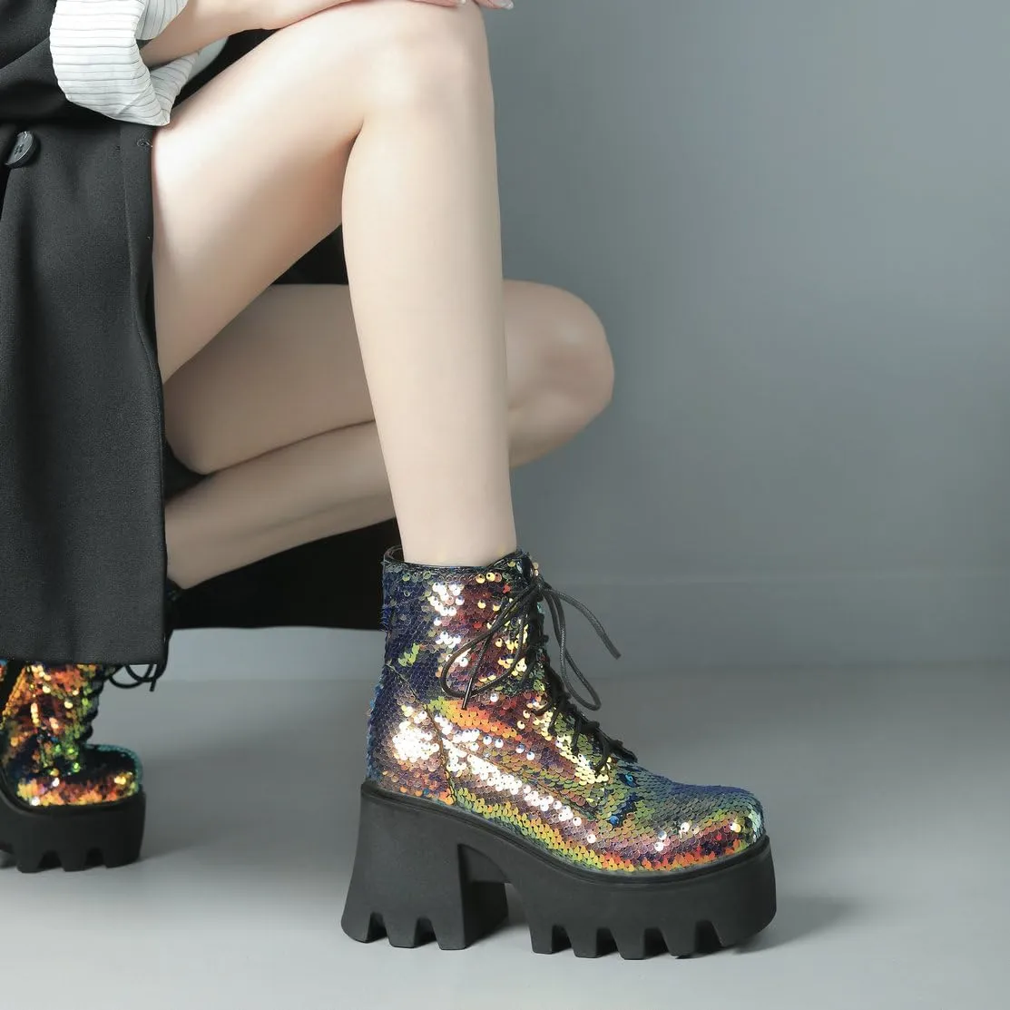 Caradise Womens Lace Up Glitter Combat Boots Chunky Heel Sequin Ankle Booties