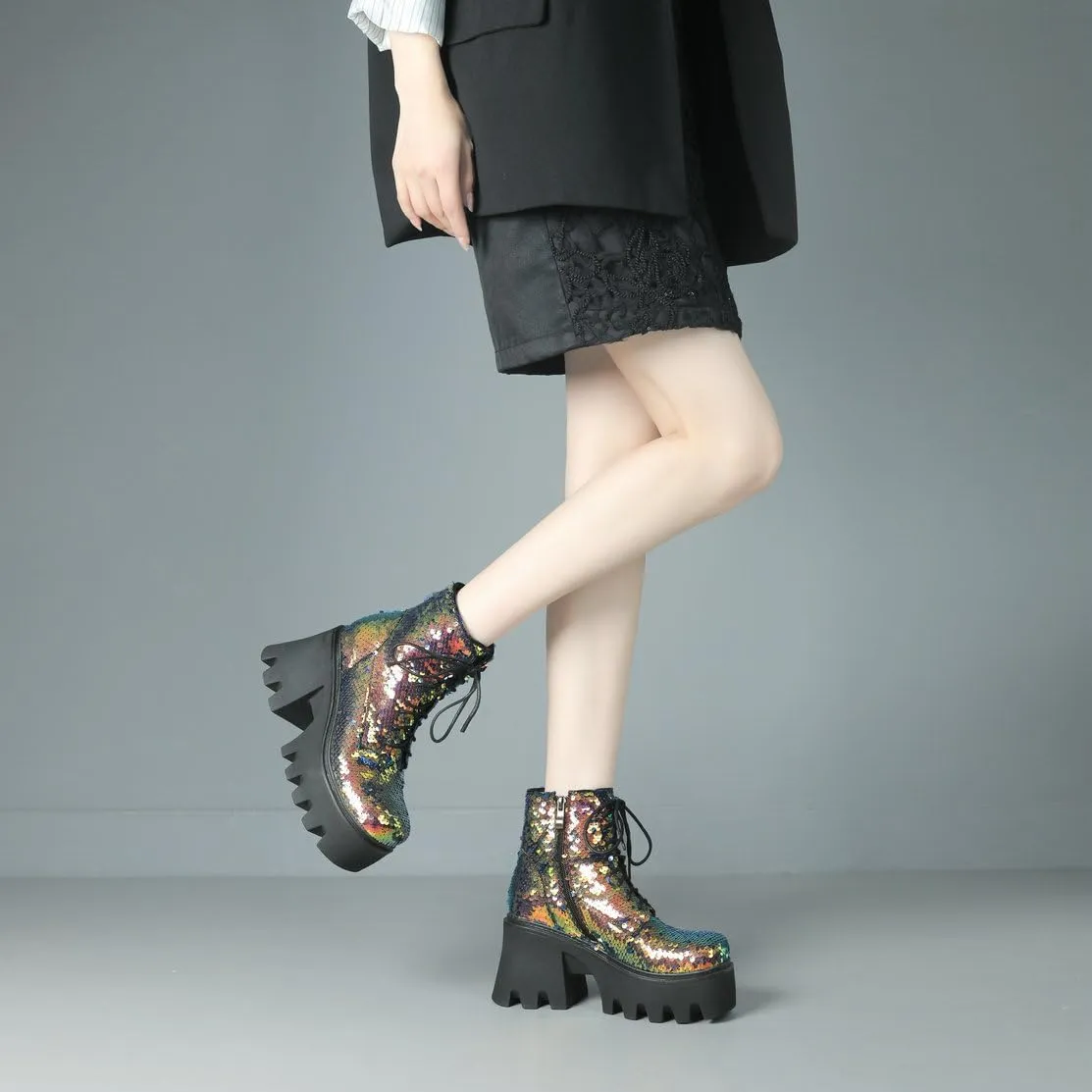 Caradise Womens Lace Up Glitter Combat Boots Chunky Heel Sequin Ankle Booties