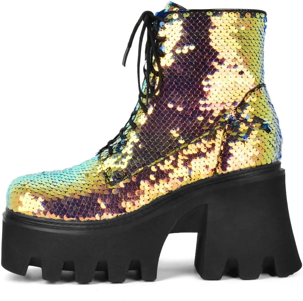 Caradise Womens Lace Up Glitter Combat Boots Chunky Heel Sequin Ankle Booties