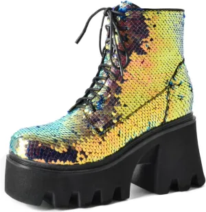 Caradise Womens Lace Up Glitter Combat Boots Chunky Heel Sequin Ankle Booties