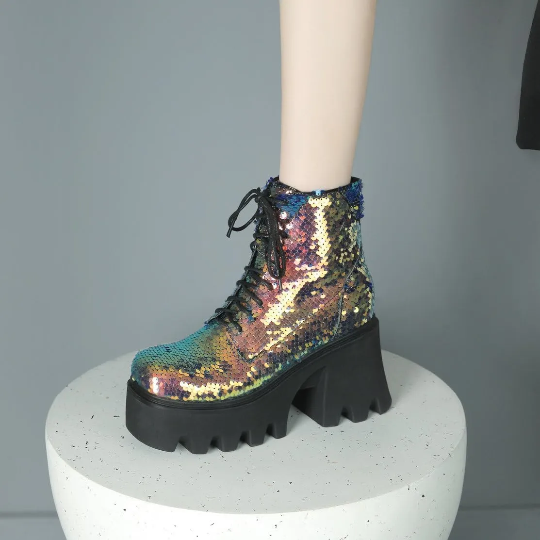 Caradise Womens Lace Up Glitter Combat Boots Chunky Heel Sequin Ankle Booties