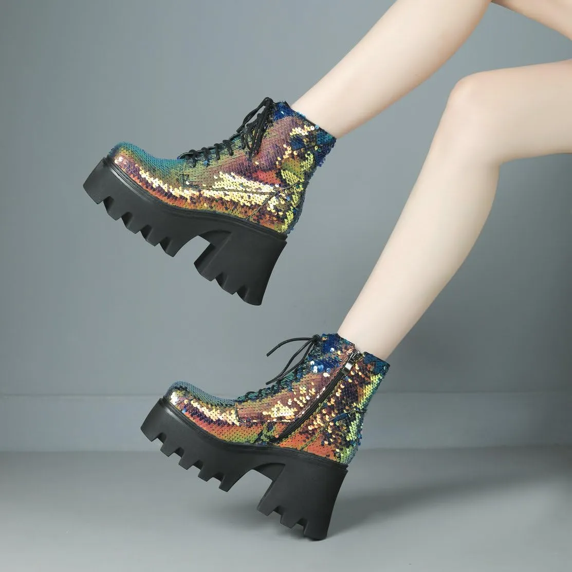 Caradise Womens Lace Up Glitter Combat Boots Chunky Heel Sequin Ankle Booties