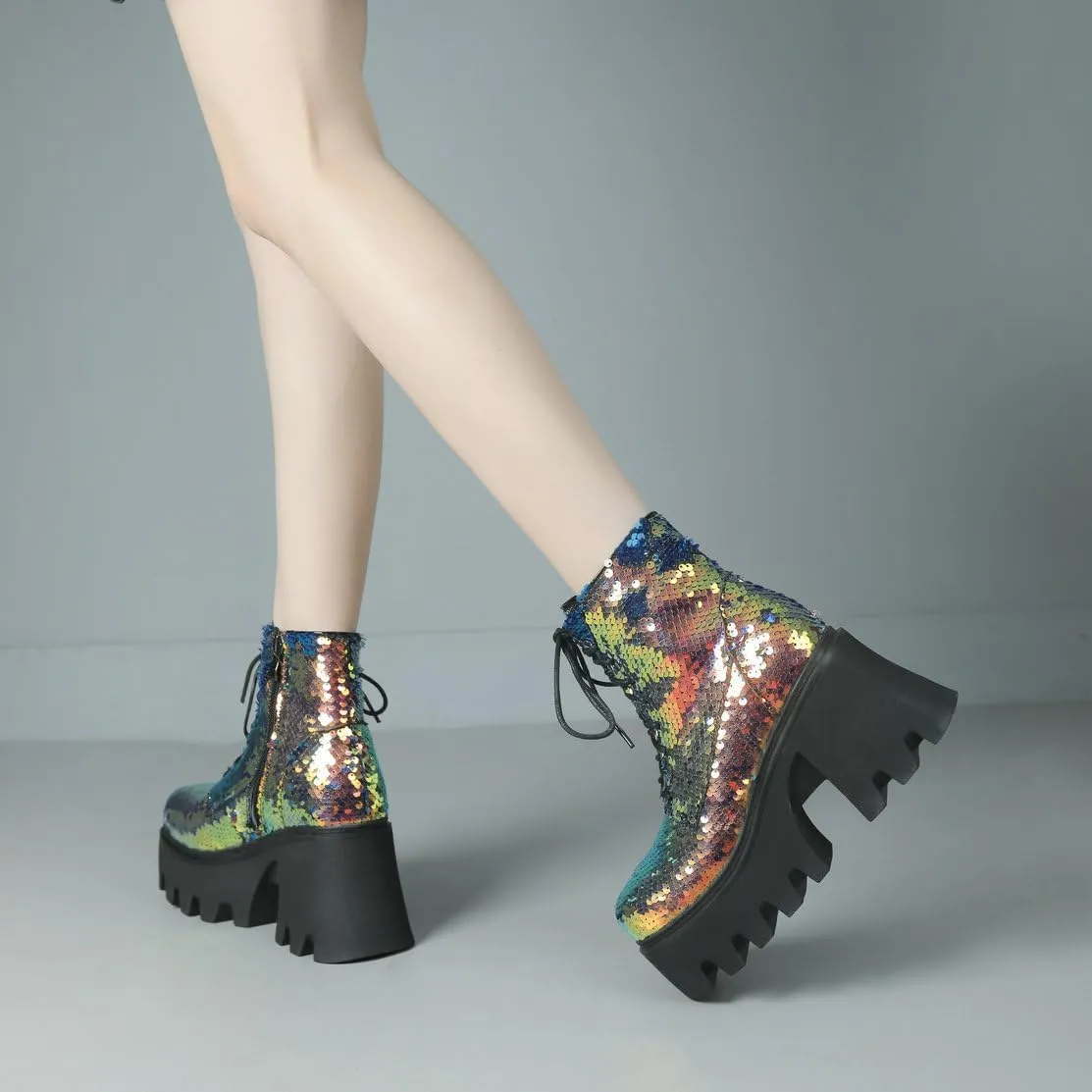 Caradise Womens Lace Up Glitter Combat Boots Chunky Heel Sequin Ankle Booties