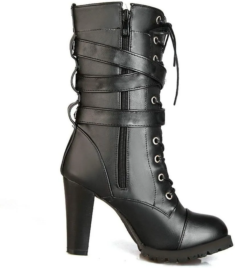 Caradise Womens Lace Up Mid Calf Goth Chunky Heel Combat Boots with Buckles
