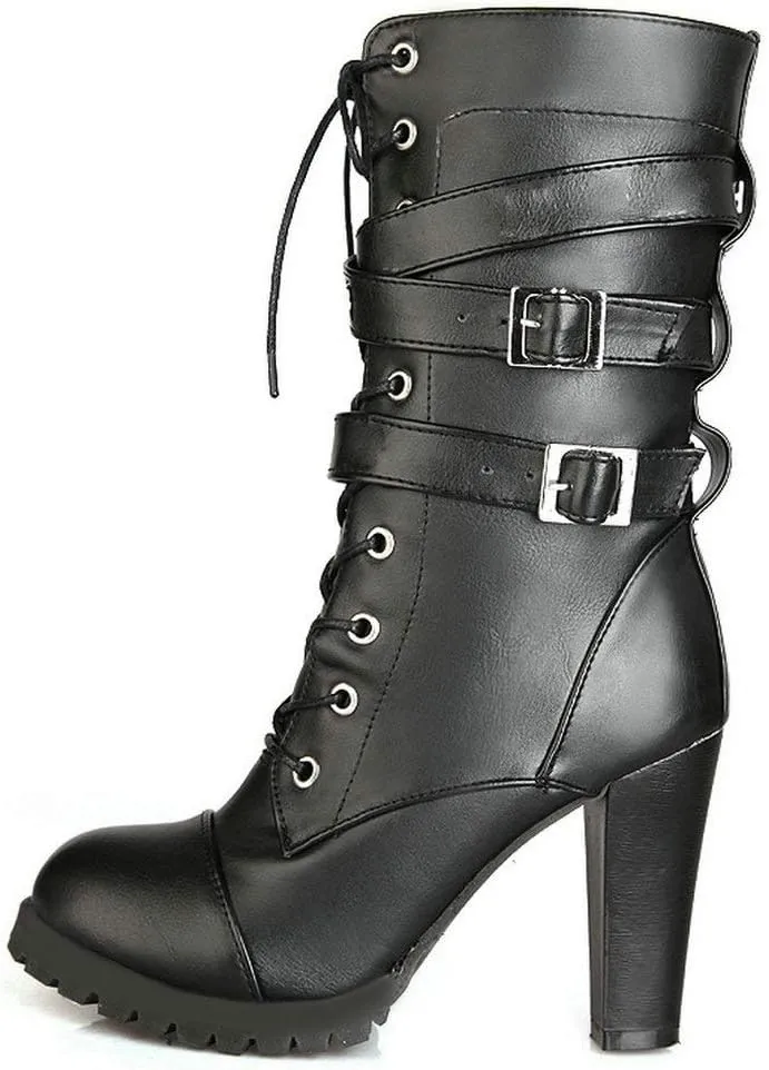 Caradise Womens Lace Up Mid Calf Goth Chunky Heel Combat Boots with Buckles