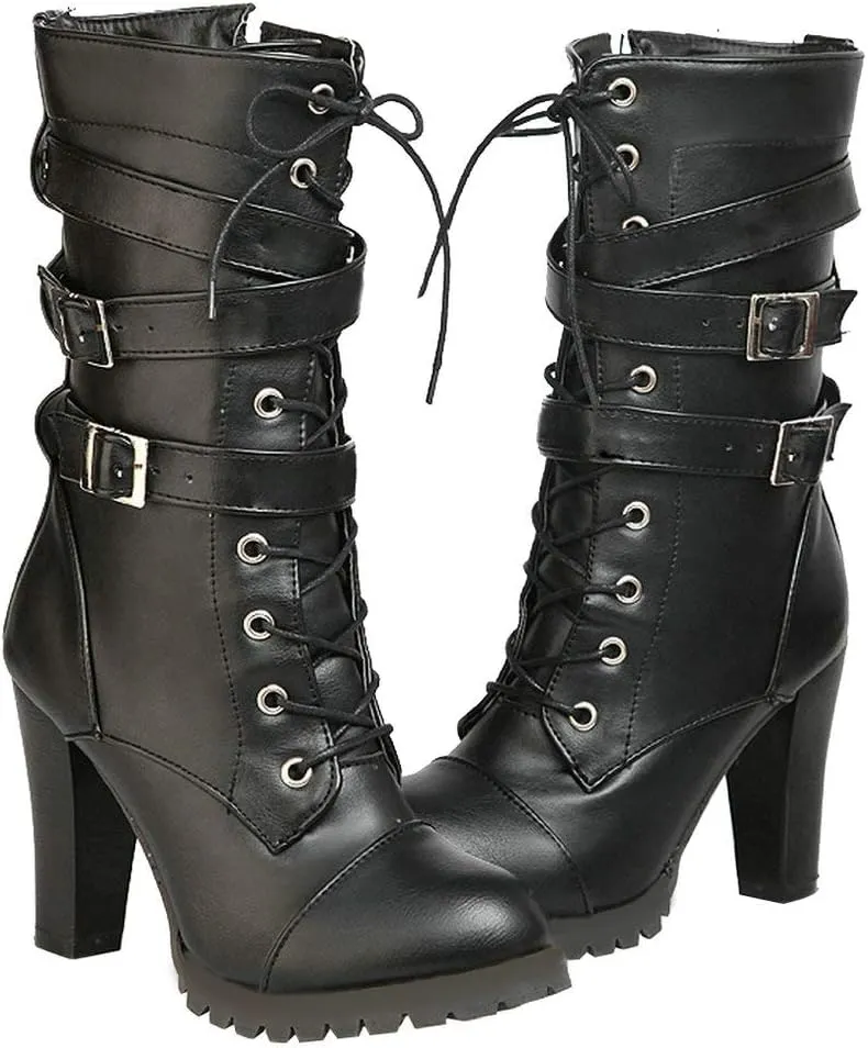 Caradise Womens Lace Up Mid Calf Goth Chunky Heel Combat Boots with Buckles