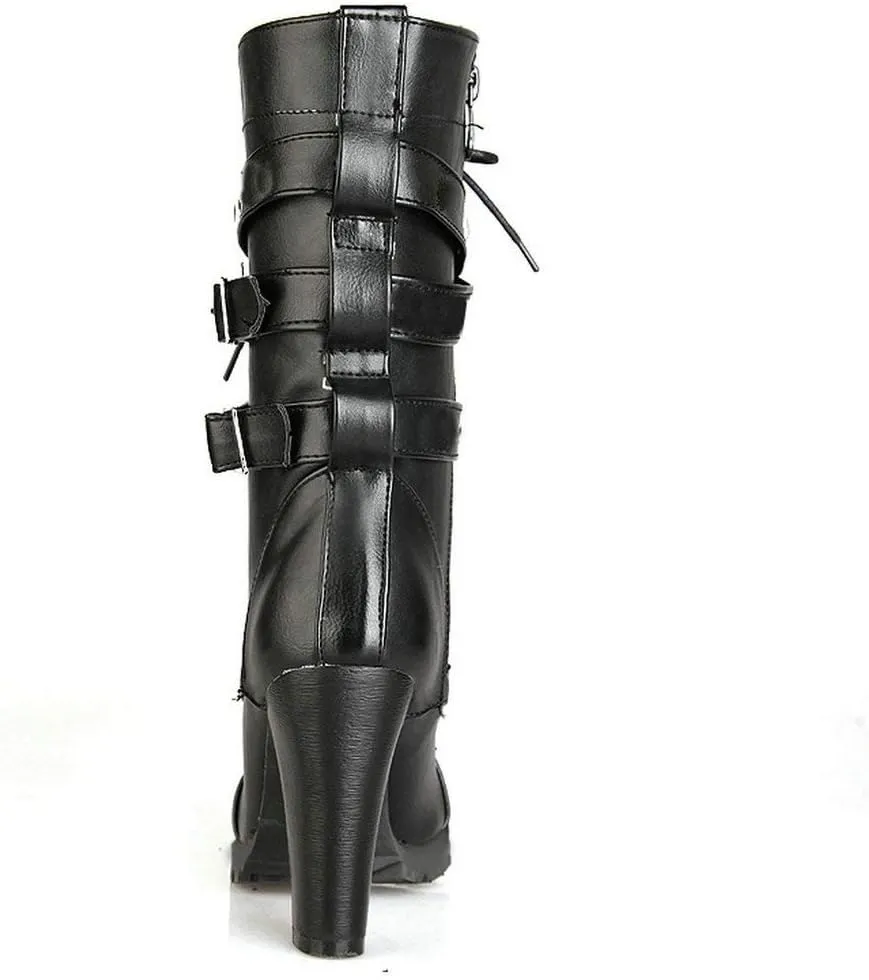 Caradise Womens Lace Up Mid Calf Goth Chunky Heel Combat Boots with Buckles