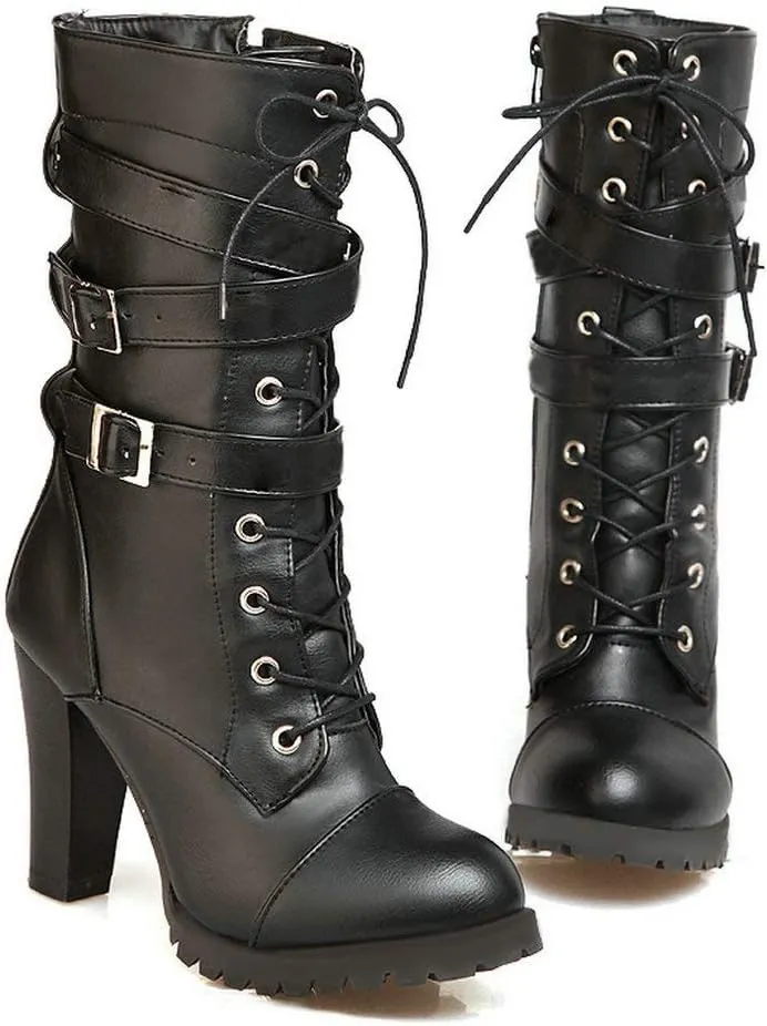 Caradise Womens Lace Up Mid Calf Goth Chunky Heel Combat Boots with Buckles