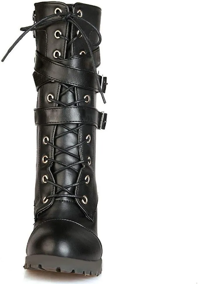 Caradise Womens Lace Up Mid Calf Goth Chunky Heel Combat Boots with Buckles