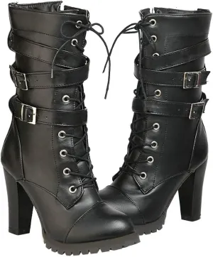Caradise Womens Lace Up Mid Calf Goth Chunky Heel Combat Boots with Buckles