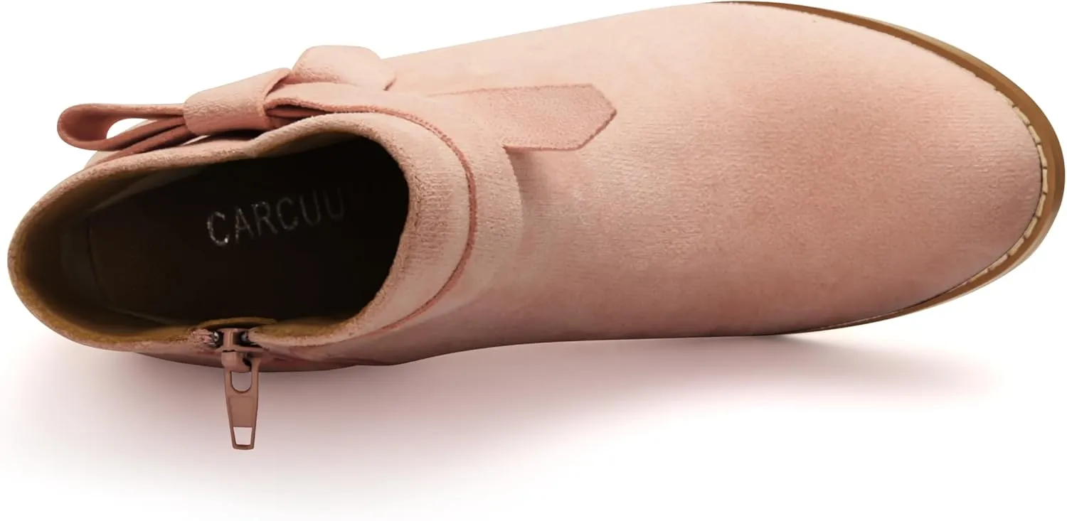 Carcuume Ankle Boots for Women,Ankle Tie Knot,Side Zipper,Round Toe,Chunky Heels,Boots for Women