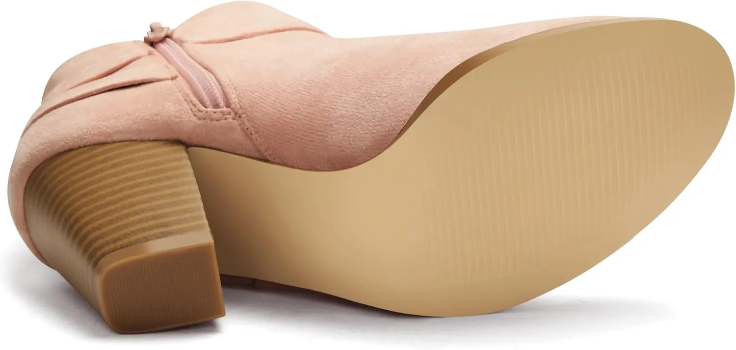 Carcuume Ankle Boots for Women,Ankle Tie Knot,Side Zipper,Round Toe,Chunky Heels,Boots for Women