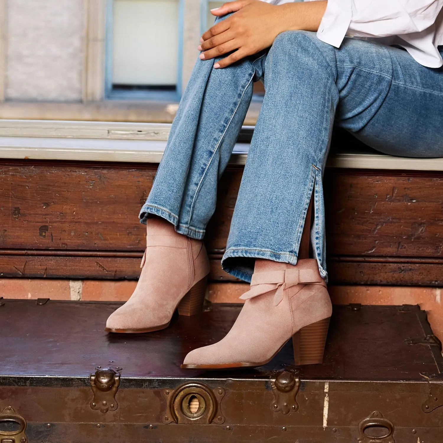 Carcuume Ankle Boots for Women,Ankle Tie Knot,Side Zipper,Round Toe,Chunky Heels,Boots for Women