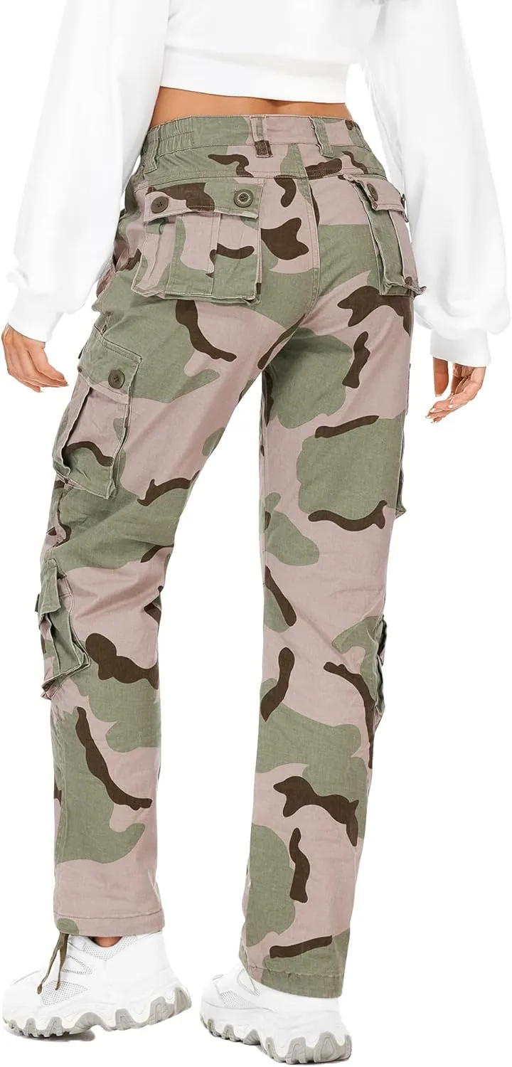 Cargo Pants Women, Camo Hiking Pants, Casual Y2K Parachute Pants with Zipper Pockets