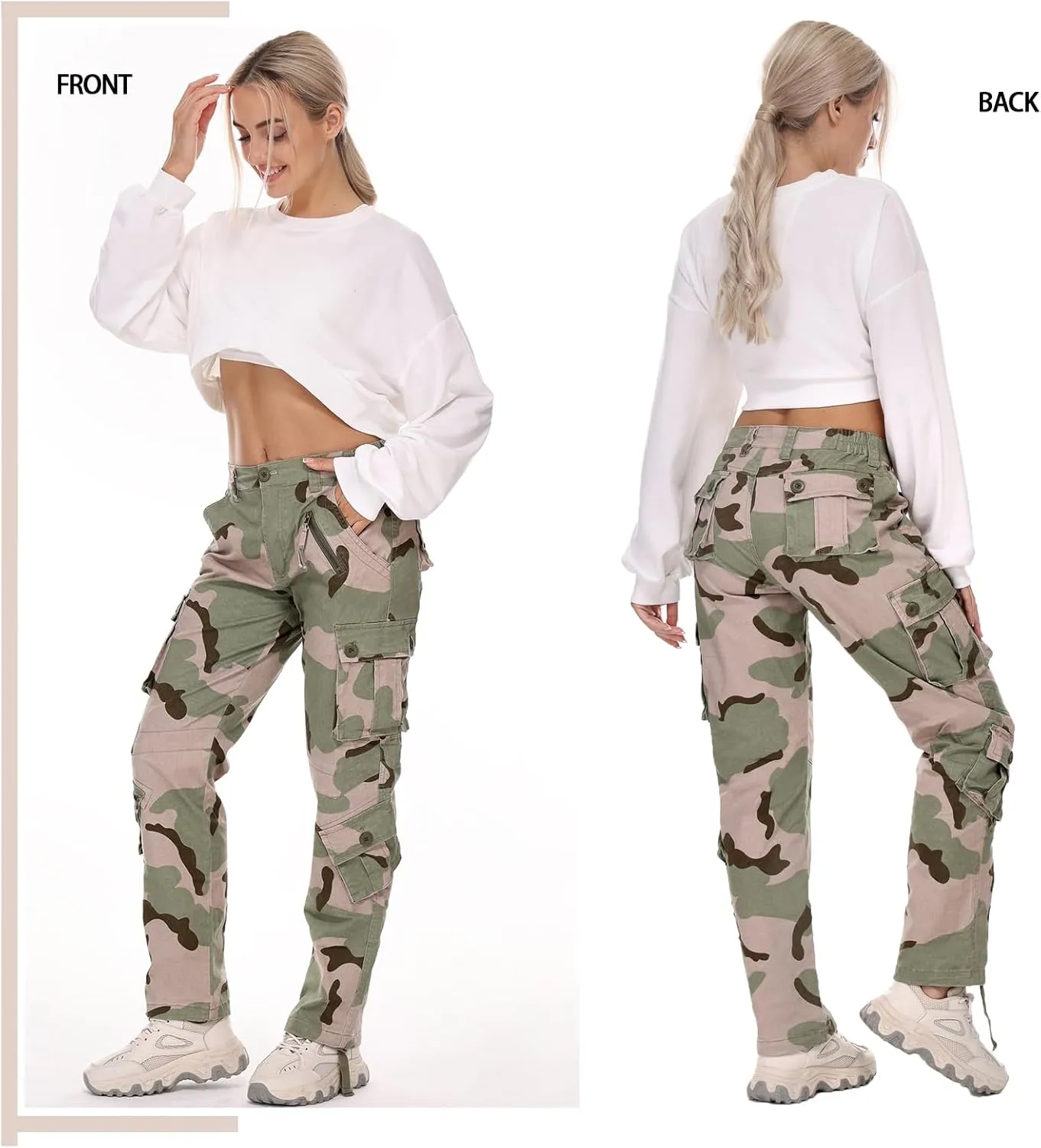 Cargo Pants Women, Camo Hiking Pants, Casual Y2K Parachute Pants with Zipper Pockets