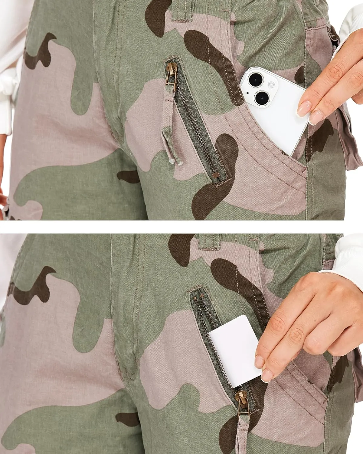 Cargo Pants Women, Camo Hiking Pants, Casual Y2K Parachute Pants with Zipper Pockets