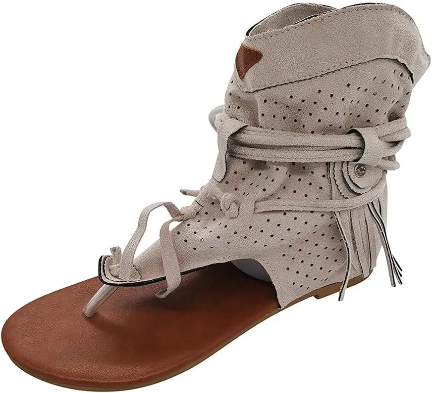 Casual Tassel Sandals for Women, Retro Bohemian Gladiator Fringe Flip-Flops Beach Sandals, Open-Toe T-Strap Roman Shoes