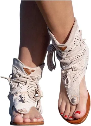 Casual Tassel Sandals for Women, Retro Bohemian Gladiator Fringe Flip-Flops Beach Sandals, Open-Toe T-Strap Roman Shoes