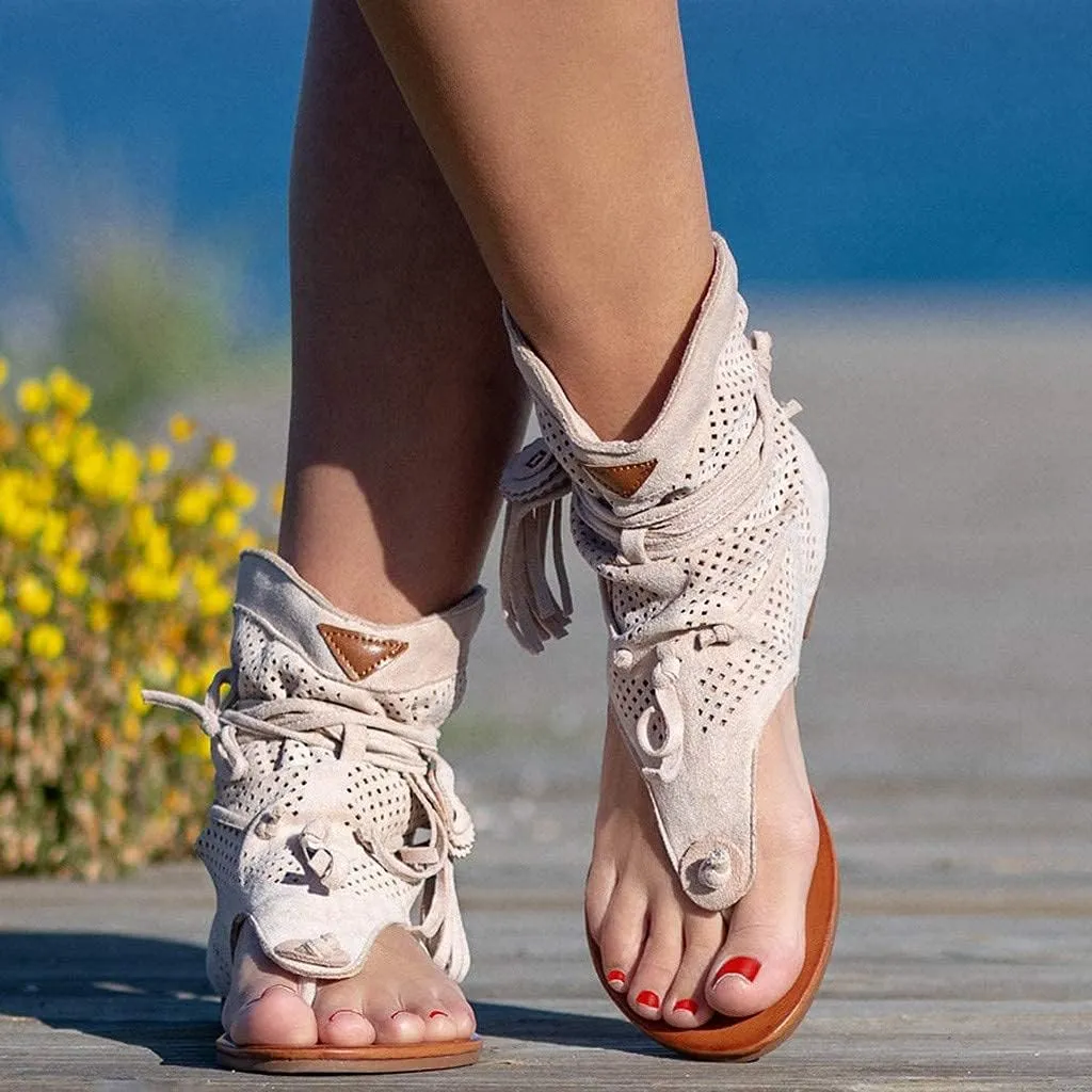 Casual Tassel Sandals for Women, Retro Bohemian Gladiator Fringe Flip-Flops Beach Sandals, Open-Toe T-Strap Roman Shoes