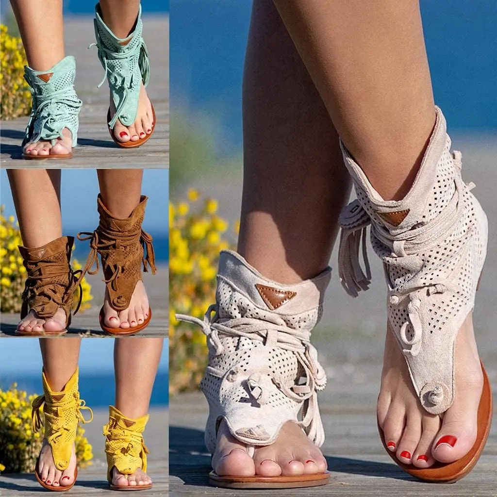 Casual Tassel Sandals for Women, Retro Bohemian Gladiator Fringe Flip-Flops Beach Sandals, Open-Toe T-Strap Roman Shoes