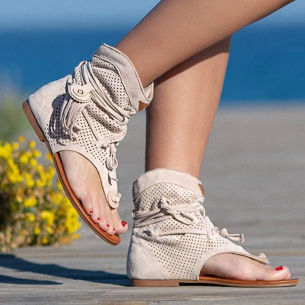 Casual Tassel Sandals for Women, Retro Bohemian Gladiator Fringe Flip-Flops Beach Sandals, Open-Toe T-Strap Roman Shoes