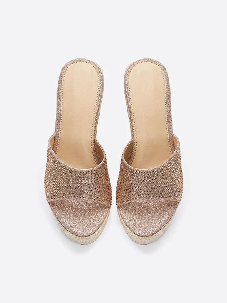 Champagne Single Band With Rhinestones Open-toe Slip-on Espadrille Wedge