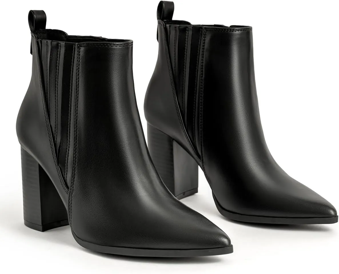Chelsea Ankle Boots for Women Chunky Block Heel Booties Pointed Toe Stack Heel Brown Black Boots Dress Shoes Elastic Gore Slip On Comfortable Chelsea Boots