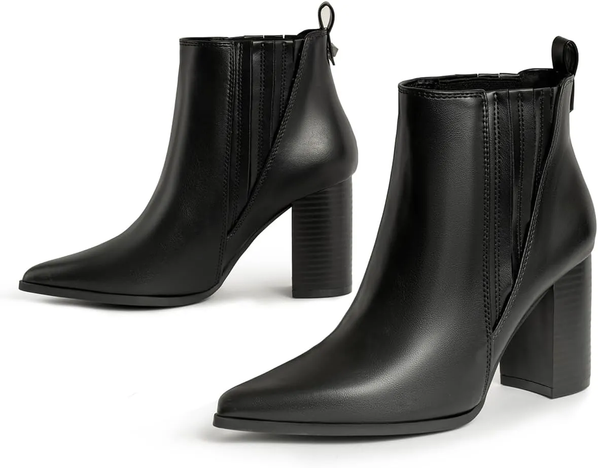 Chelsea Ankle Boots for Women Chunky Block Heel Booties Pointed Toe Stack Heel Brown Black Boots Dress Shoes Elastic Gore Slip On Comfortable Chelsea Boots