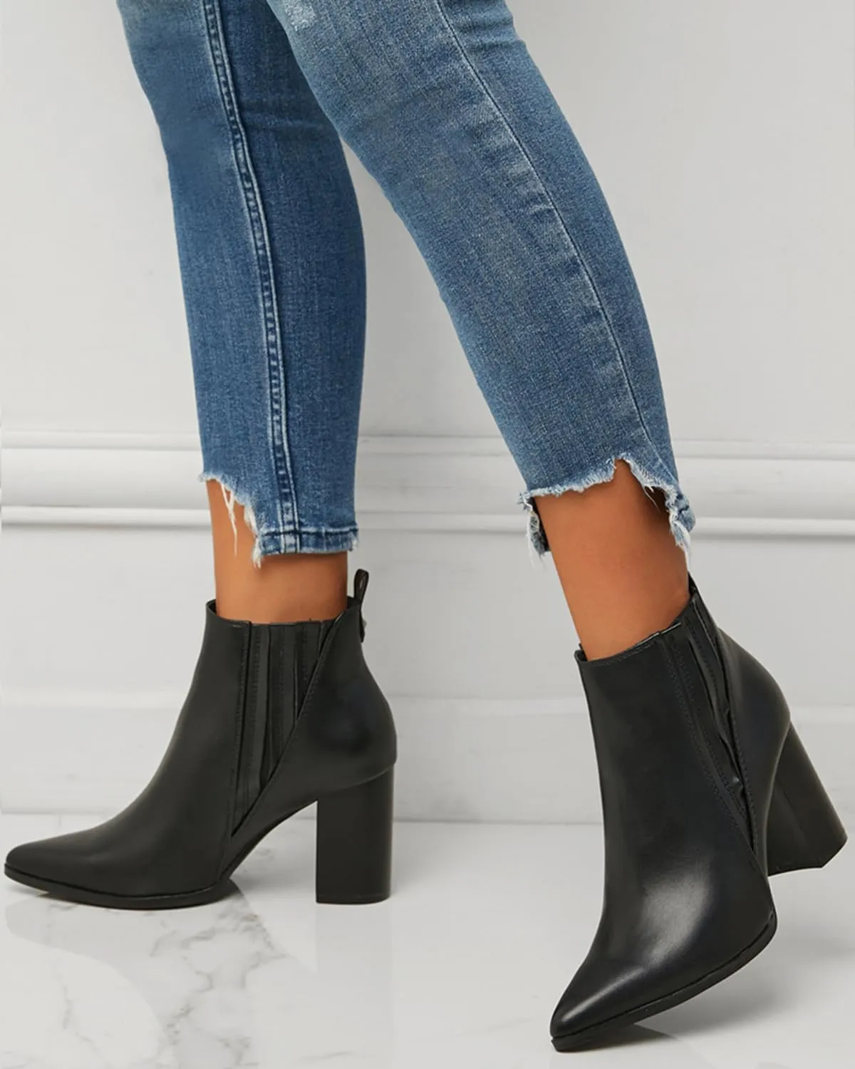 Chelsea Ankle Boots for Women Chunky Block Heel Booties Pointed Toe Stack Heel Brown Black Boots Dress Shoes Elastic Gore Slip On Comfortable Chelsea Boots