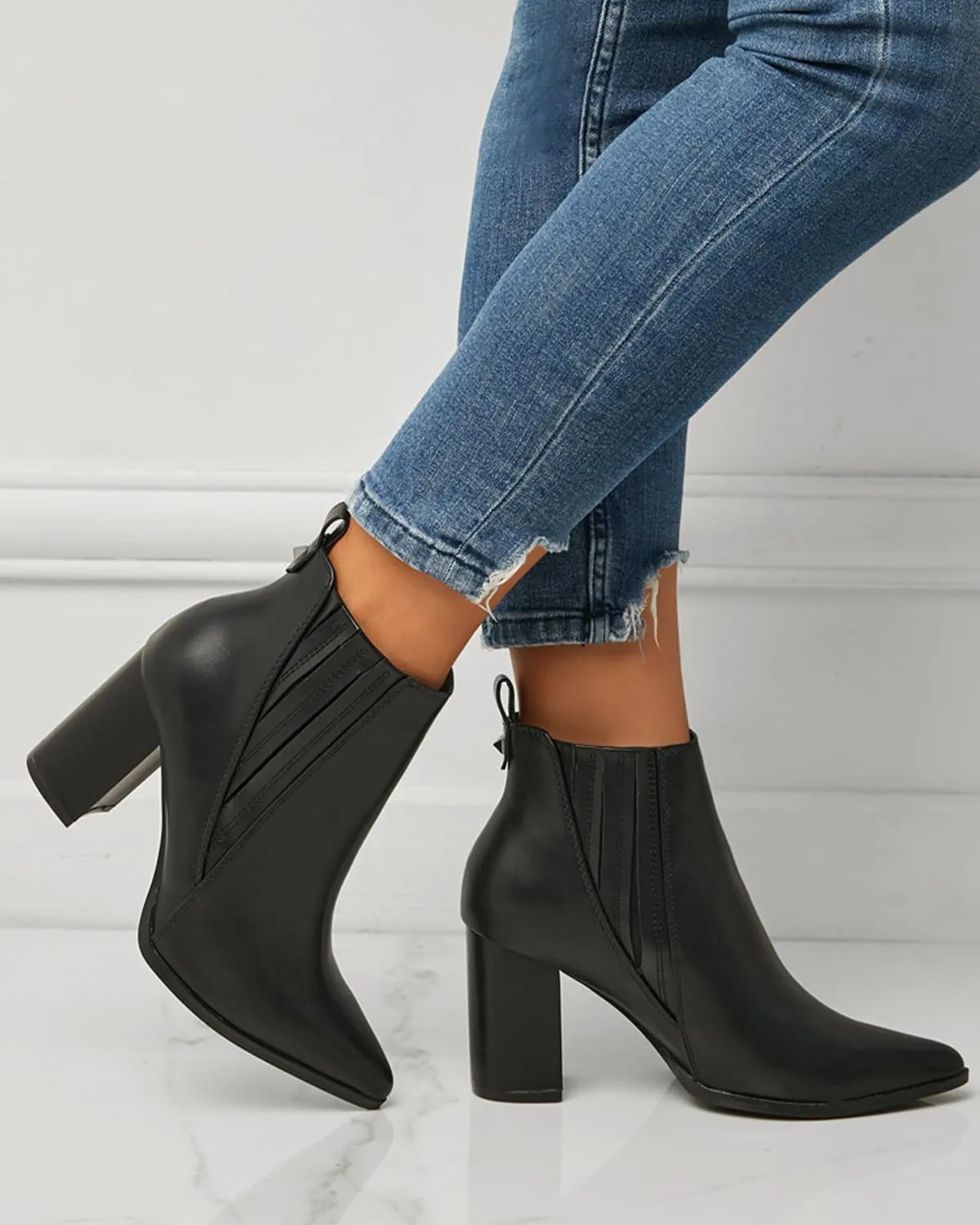 Chelsea Ankle Boots for Women Chunky Block Heel Booties Pointed Toe Stack Heel Brown Black Boots Dress Shoes Elastic Gore Slip On Comfortable Chelsea Boots