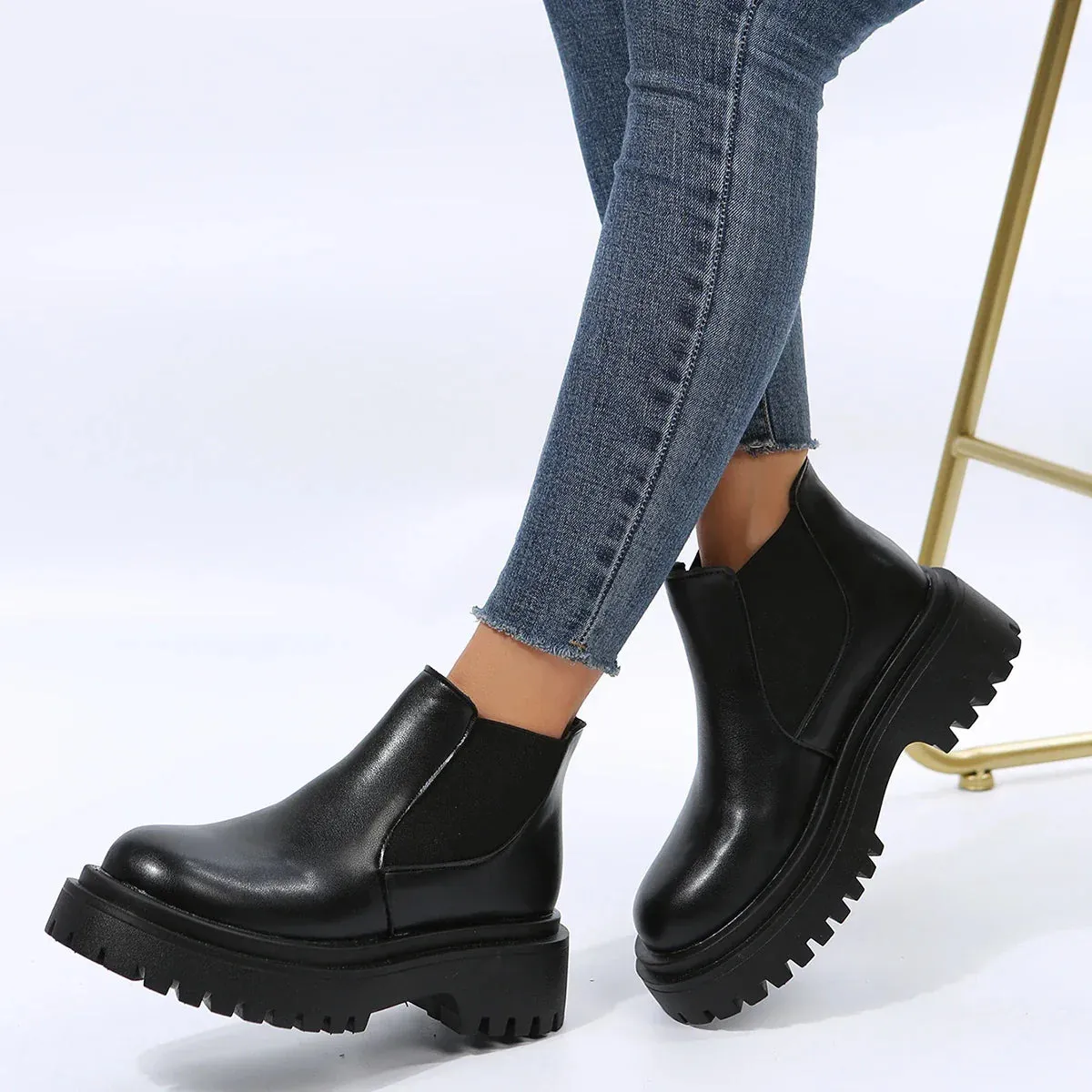 Chelsea Boots for Women 2023 PU Leather Ankle Booties Woman Punk Thick Bottom Slip on Combat Boots Black Chunky Platform Botas