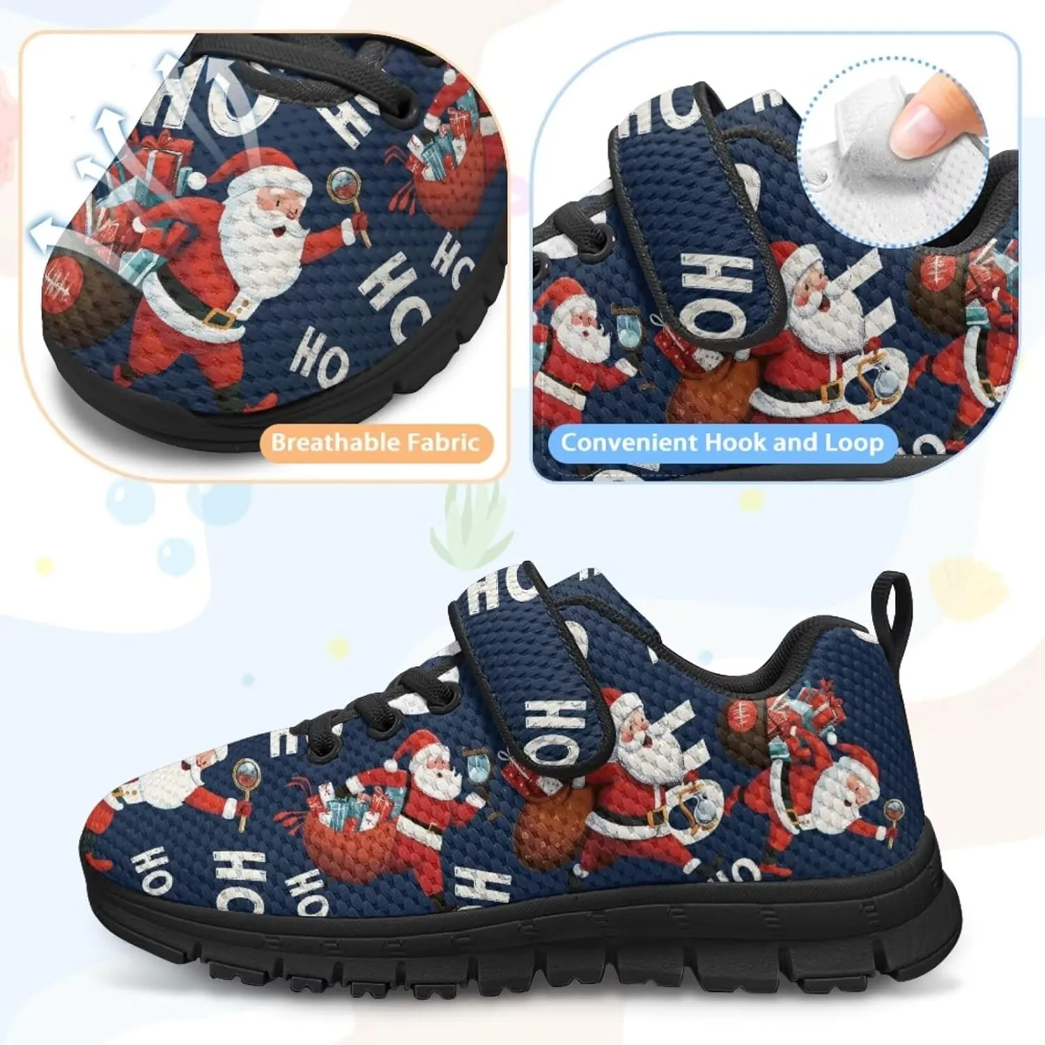 Christmas Sneakers for Girls Slip on Walking Shoes Breathable Lightweight Athletic Shoes with Hook and Loops