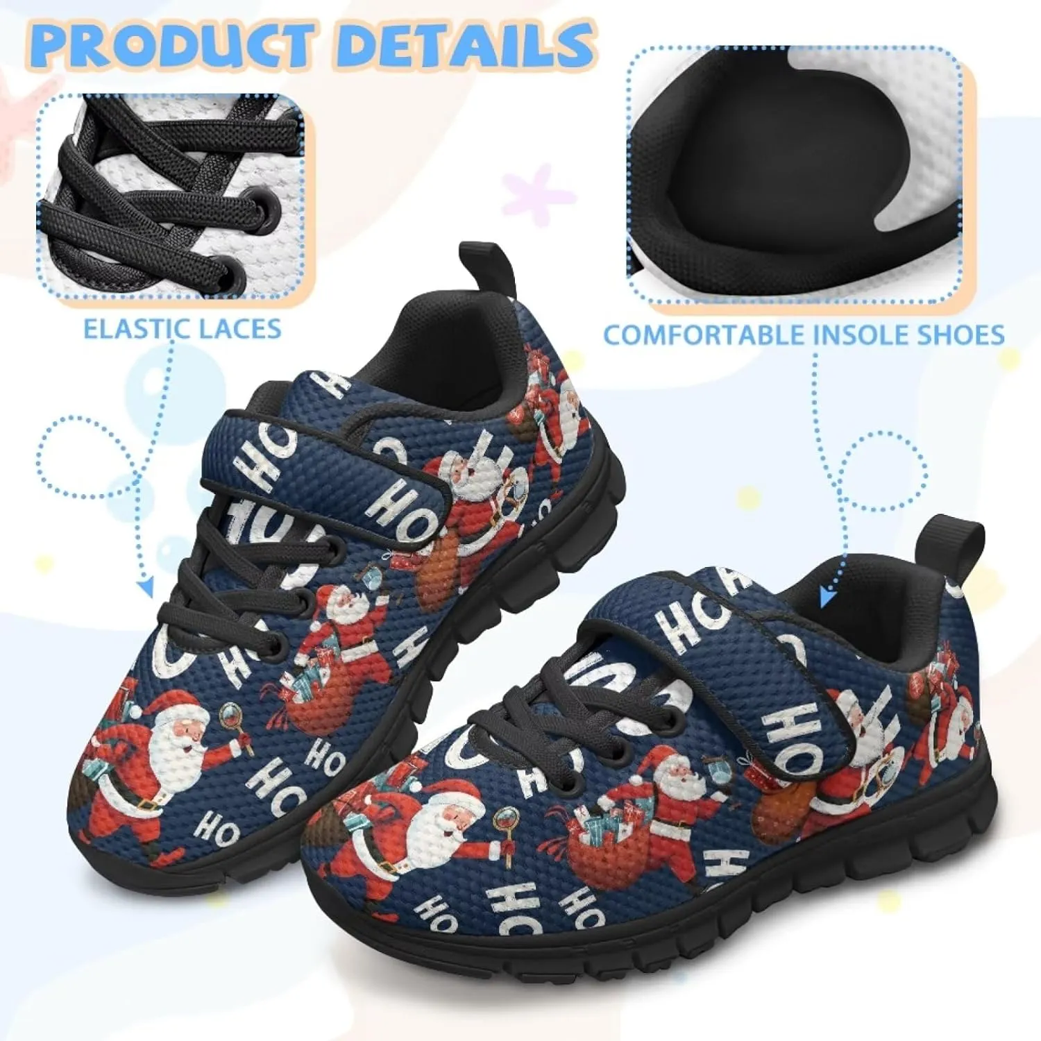 Christmas Sneakers for Girls Slip on Walking Shoes Breathable Lightweight Athletic Shoes with Hook and Loops