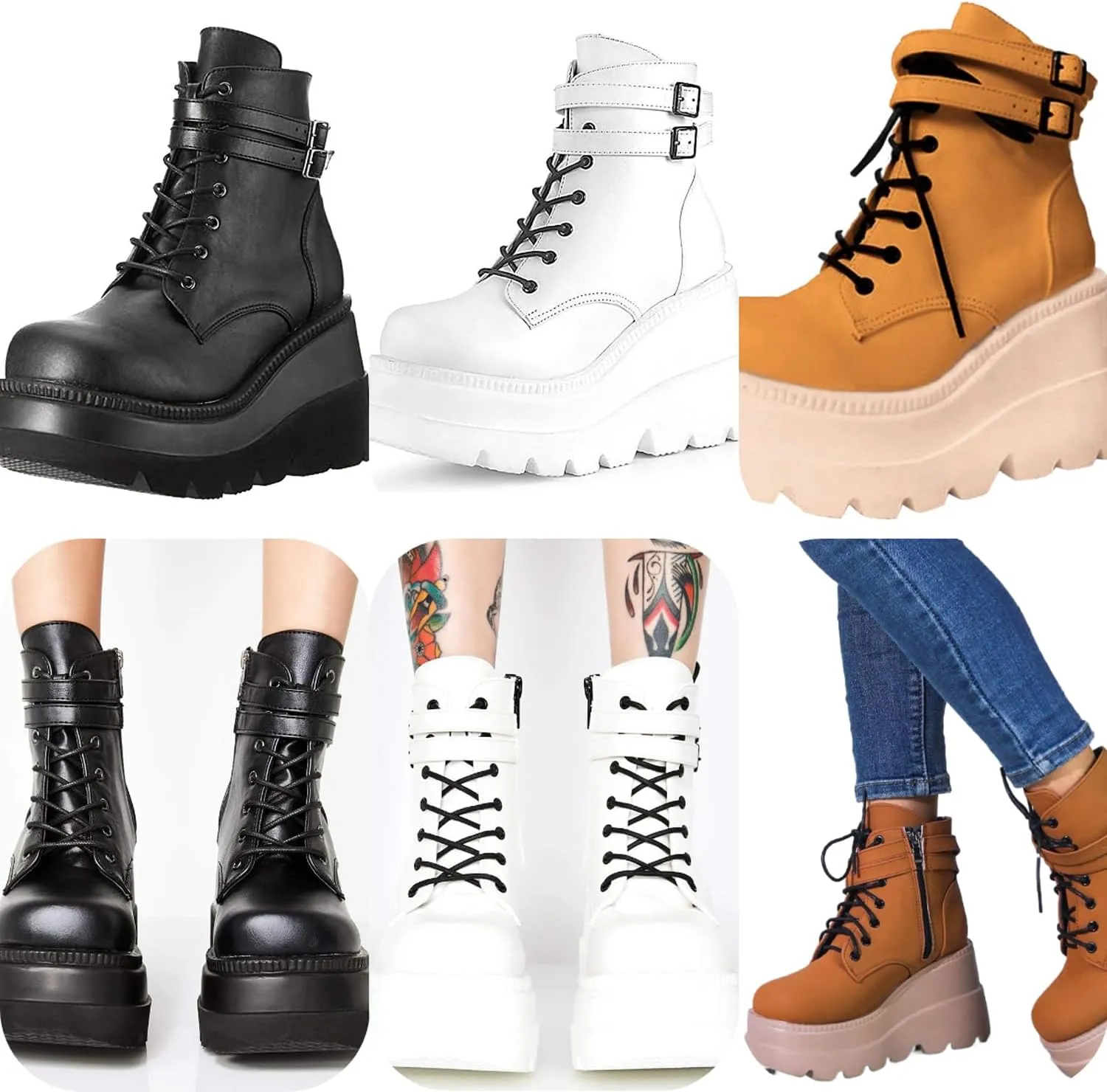 Chunky Platform Boots for Women, Square Toe Lace Up Zip High Heel Combat Wedge Ankle Boots with Side Zip Perfect for Party (Black, 9.5-10)
