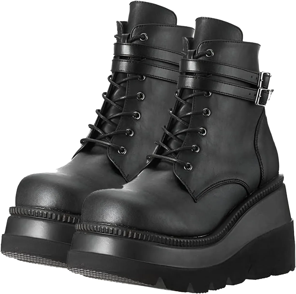 Chunky Platform Boots for Women, Square Toe Lace Up Zip High Heel Combat Wedge Ankle Boots with Side Zip Perfect for Party (Black, 9.5-10)